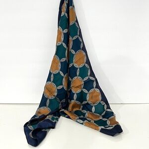 OSCAR DE LA RENTA Geometric Patterned BLUE & ORANGE SILK Scarf 11"X50"